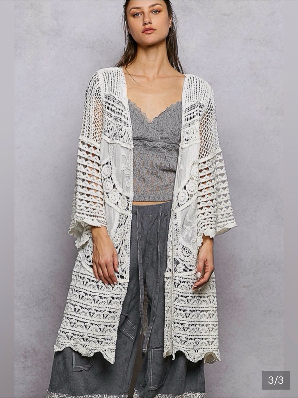 POL NWT Kimono Cardigan Natural Crocheted Cream Lace Denim One Size Fits Most